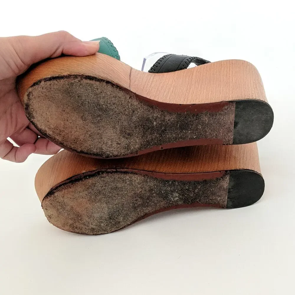 Lanvin Ankle Strappy Wedge Platform Sandals Wood High Chunky‎ Heels Womens 8